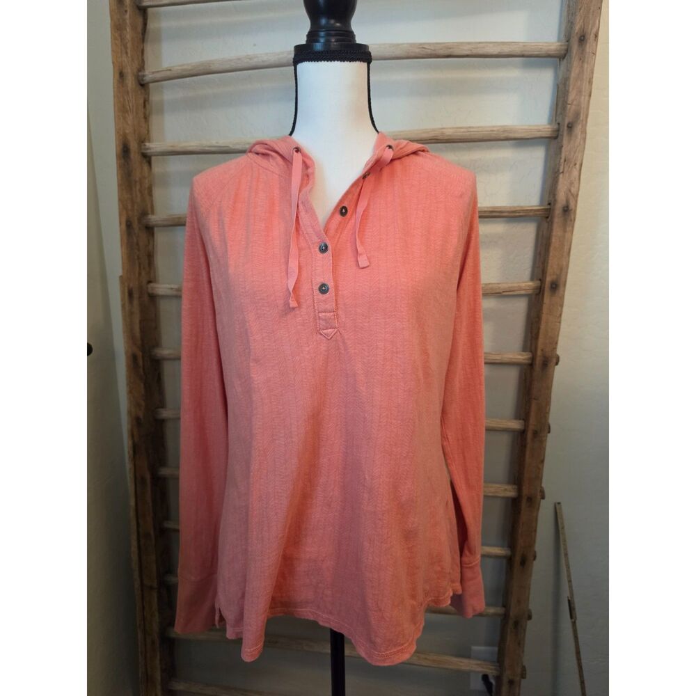 Carhartt Women L 12-14 Coral Henley Hooded Shirt 100% Cotton Lightweight 102065